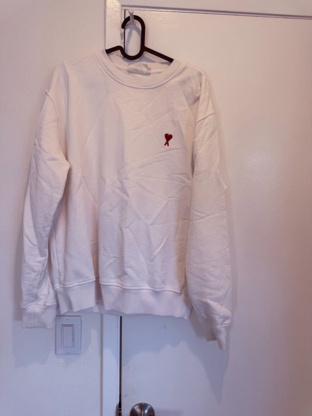 AMI Paris Cream Ami de Coeur Crewneck Sweatshirt — Red Heart Logo, Size S